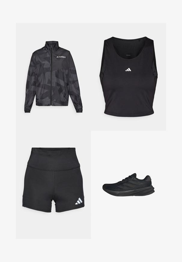 Giacca leggera nera con colletto alto, chiusura con zip e motivo geometrico. Presenta il logo "TERREX" in bianco sul lato superiore sinistro.; Crop top sportivo nero realizzato in tessuto traspirante, con collo rotondo, senza maniche e logo bianco sul petto.; adidas Performance Leggings - black; Scarpe sportive nere con tomaia in rete, forma aerodinamica, suola piatta e tre strisce diagonali sui lati. Design leggero per il massimo comfort.