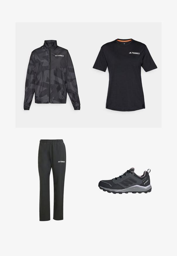 Must mustvalg, millel on kõrge krae, luku sulgemine ja geomeetriline muster. Ülemisel vasakul küljel on valge "TERREX" logo.; Must t-särk lühikeste varrukatega, ümmarguse kaelusega, millel on peen heather struktuur ja valge "TERREX" logo vasakul ülanurgas.; Mustad mustad püksid elastse vöökohtiga. Elegantselt diskreetne valge "TERREX" logo. Sile kangas ja sirge jala disain.; Mustad mustandid jalanõud hallide aktsentidega, sünteetilisest võrgust pealne, pehmendatud tald, seotud süsteem ja tekstureeritud välistald haardumise jaoks.