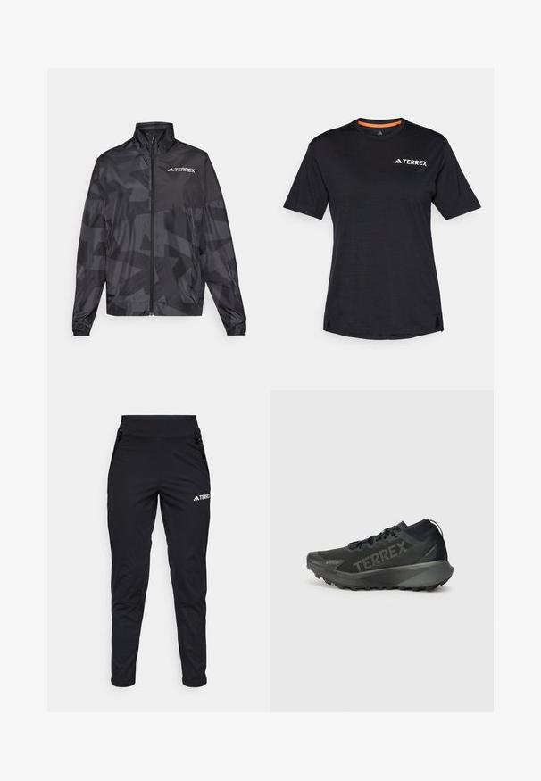 Czarna, lekka kurtka z wysokim kołnierzem, zapinana na zamek błyskawiczny, z geometrycznym wzorem. Posiada logo "TERREX" w kolorze białym na górnej lewej stronie.; Czarna koszulka krótki rękaw z okrągłym dekoltem, z subtelną teksturą melanżową i białym logo "TERREX" po lewej stronie na górze.; Czarne sportowe spodnie wykonane z gładkiego materiału, z dopasowanym krojem, zamykanymi na zamek kieszeniami oraz teksturowaną dolną częścią nogawki. Logo nadrukowane z przodu.; Czarne buty biegowe Terrex z teksturowaną cholewką, sztywną podeszwą i wyraźnymi logo. Posiadają wygodne pięto dla wsparcia i przyczepności.