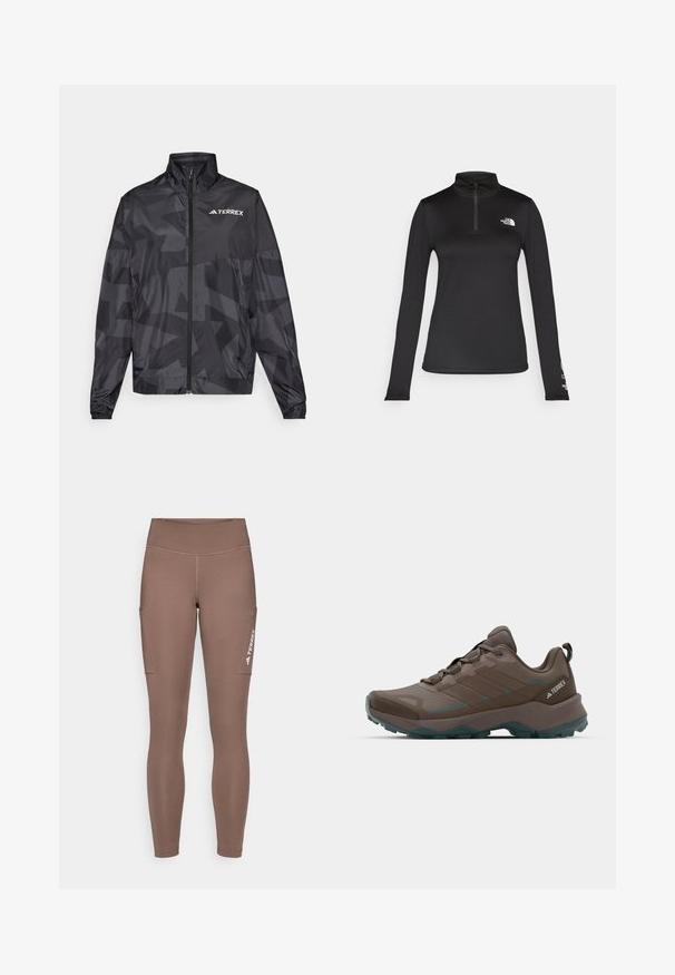 Black lightweight jacket with a high collar, zip closure, and geometric pattern. Features the "TERREX" logo in white on the upper left side.; The North Face FLEX 1/4 ZIP GRAPHIC - Long sleeved top - black; Brown athletic leggings with a high waistband, featuring side pockets and a white logo. Smooth, stretchy fabric for comfort and mobility.; Gray and teal hiking shoes with mesh panels, textured upper, and rugged rubber outsole. Features padded tongue and lace-up design.