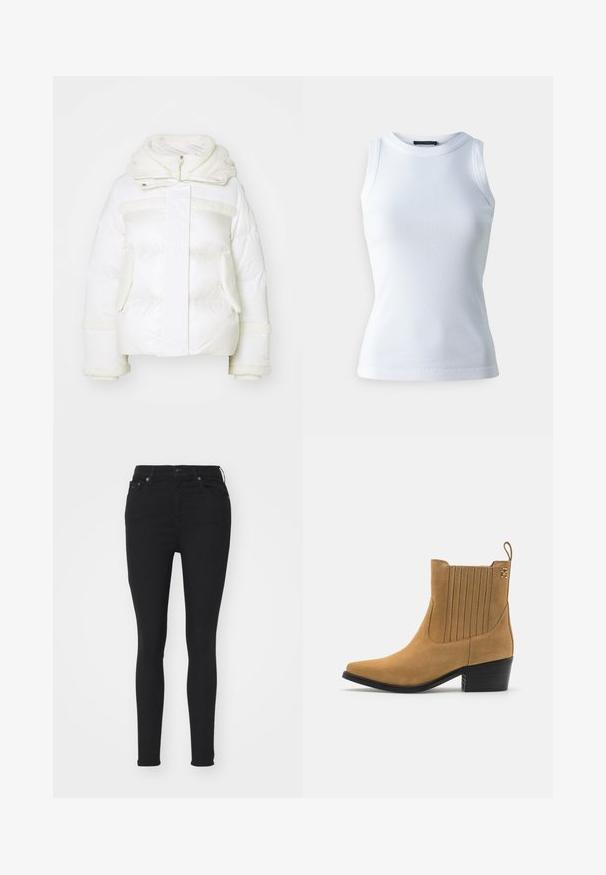 Jachetă puf albă cu glugă căptușită cu blană, închidere cu fermoar în față, două buzunare laterale și accente de blană texturată pe mâneci și piept.; Top alb fără mâneci, confecționat dintr-un material cu model de rib pe interior, având un decolteu rotund și o siluetă ajustată. Textură netedă, fără modele sau accente vizibile.; Jeans skinny negre cu talie înaltă, dotate cu buzunare frontale și posterioare, închidere cu buton și siluetă ajustată, pe un fundal alb.; Cizme scurte din suede bej, cu vârf ascuțit, panouri laterale nervurate și toc bloc negru. Include un tab pentru a fi purtate cu ușurință.