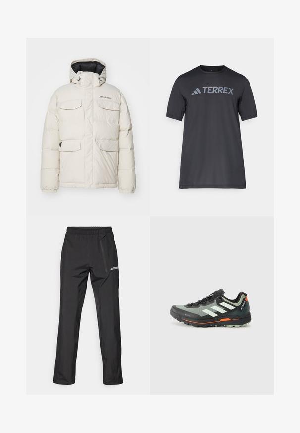 Fehér puffájer kabát kapucnival, négy elülső zsebbel, elasztikus mandzsettákkal és cipzáras elülső részel. A bal mellen márkajelzés található.; Fekete, rövid ujjú póló, könnyű anyagból készült, világosszürke „TERREX” logóval a mellrészen és kerek nyakkivágással.; Fekete könnyű szabású terepi nadrág elasztikus derékpánttal, cipzáras zsebekkel és nyomott logóval. Sima textúra és egyenes szárú szabás.; Könnyű terepfutó cipő szürke és fekete hálós felsőrésszel, narancssárga elemekkel és barázdált talppal a tapadásért. Vízálló Gore-Tex bélés.