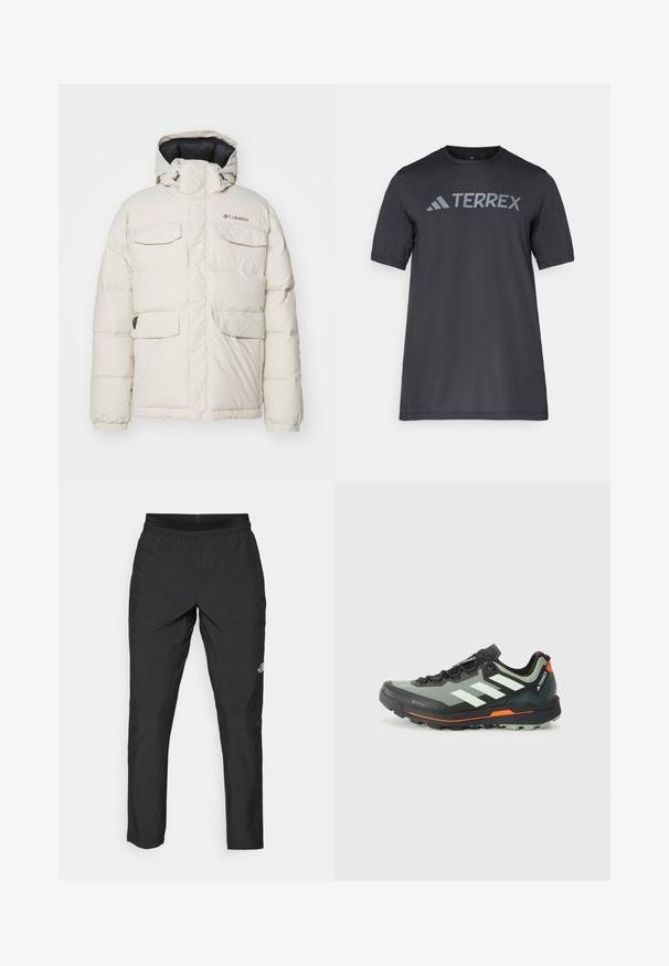 Casaco puffer branco com capuz, apresentando quatro bolsos frontais, punhos elásticos e fecho zip. Logótipo da marca no lado esquerdo do peito.; Camiseta preta de manga curta feita de tecido leve, com o logótipo cinza-claro "TERREX" atravessando o peito e um decote redondo.; Calças de desporto pretas com um cós elástico, feitas de tecido leve, apresentando um pequeno logótipo na parte inferior da perna e um design de perna reta.; Sapatilha de trail running leve com parte superior em malha cinza e preta, detalhes em laranja e uma sola robusta para tração. Forro impermeável em Gore-Tex.
