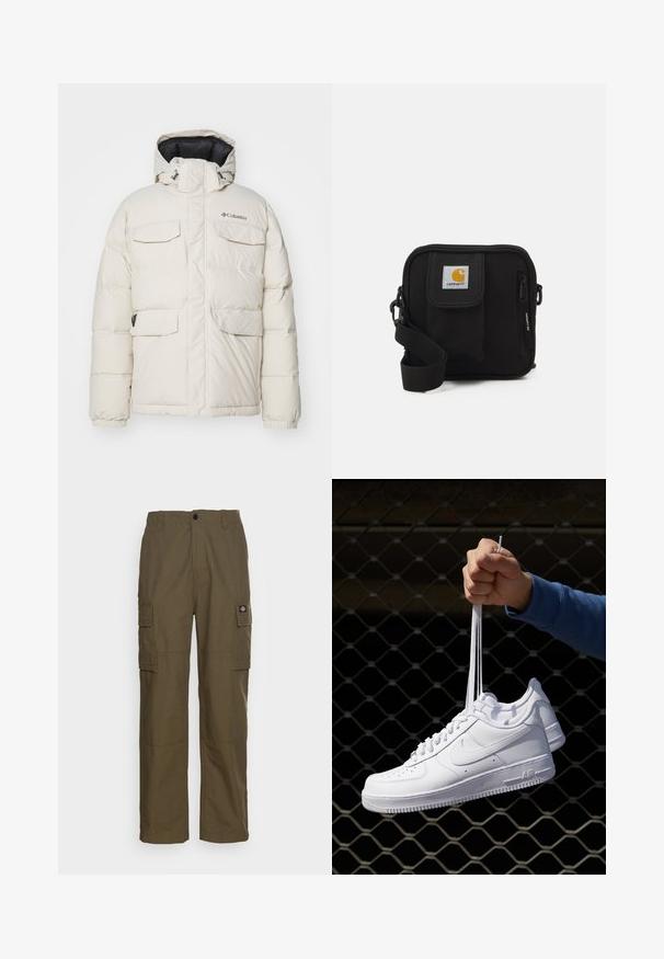 Bílá péřová bunda s kapucí, která má čtyři přední kapsy, elastické manžety a zapínání na zip. Na levé straně hrudi je logo značky.; Bílá polo tričko s krátkým rukávem vyrobené z bavlny, s kulatým výstřihem a hladkou texturou, se rovnými liniemi a bez vzorů.; Cargo kalhoty v olivově zelené barvě, vyrobené z odolné tkaniny. Disponují dvěma bočními kapsami, standardním pasem a rovnými nohavicemi.; Bílé kožené tenisky s perforacemi, kulatou špičkou, plochou podrážkou a silnými tkaničkami, které mají viditelné logo swoosh a nápis "AIR" na patě.; Černá crossbody taška s hlavním oddílem na zip, přední kapsou, nastavitelním popruhem a viditelnou logem na klopě.