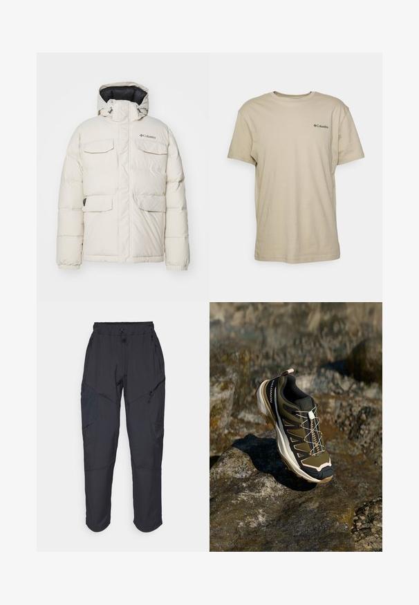 Biela nafukovacia bunda s kapucňou, obsahujúca štyri predné vrecká, elastické manžety a zips na prednej strane. Logo značky na ľavej hrudi.; Béžové bavlnené tričko s krátkymi rukávmi, okrúhlym výstrihom a malým čiernym logom na ľavej strane hrudníka. Hladká textura, vhodný na bežné nosenie.; Čierne cargo nohavice vyrobené z ľahkého, vodeodolného materiálu; obsahujú elastický pás, viaceré vrecká na zips a zúžené nohavice.; Turistická obuv v olivovo zelenej a čiernej farbe s ružovými akcentmi. Má textúrovaný zvršok, flexibilnú podrážku, vystuženú špičku a farebný systém šnurovania.