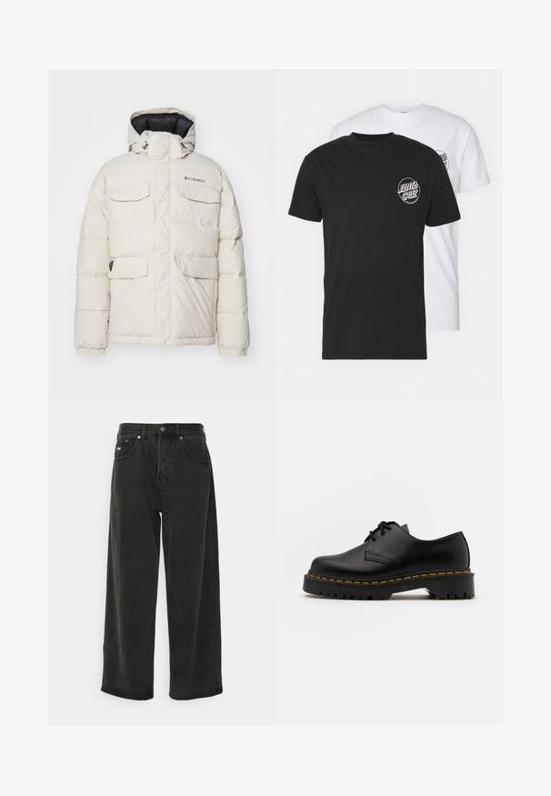 Balta pūkinė striukė su kapišonu, turinti keturias priekinės kišenes, elastines rankoves ir užtrauktuką priekyje. Prekės ženklas ant kairiojo krūtinės.; Dviejų marškinėlių komplektas: vieni juodi, kiti balti. Abu turi trumpas rankoves ir apvalų logotipą ant krūtinės kontrastingos spalvos. Pagaminti iš medvilnės.; Obey Clothing BIGWIG BAGGY - Platūs džinsai - black; Juoda odinė lakuota avalynė su apvaliu pirštu, tekstūruota gumine padu ir geltona siūlelių apdaila aplink bazę. Lygus dizainas ir glotnus paviršius.