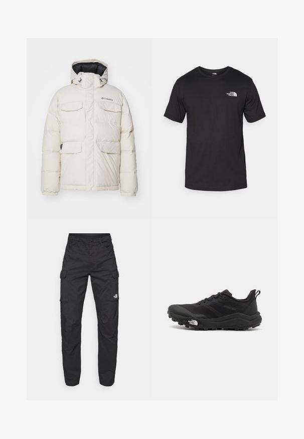 Bijela puf jakna s kapuljačom, s četiri prednja džepa, elastičnim manžetama i zatvaračem sprijeda. Logotip marke je na lijevoj strani prsnog područja.; Crna majica kratkih rukava od pamuka, s okruglim izrezom i malim bijelim logotipom na gornjem lijevom dijelu prsnog koša.; The North Face EXPLORATION PANTS - Cargo hlače - black; Crne trail trkačke cipele s teksturiranim gornjim dijelom, gumeni potplat i ojačana zaštita za prste. Imaju podstavljen ovratnik i trakicu za lakše obuvanje.