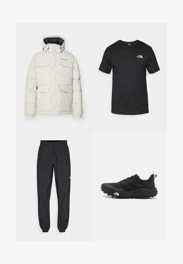 Jachetă puf albă cu glugă, dotată cu patru buzunare frontale, mansete elastice și un fermoar frontal. Logo-ul brandului este situat pe partea stângă a pieptului.; Tricou scurt din bumbac, de culoare neagră, cu guler rotund și un mic logo alb în partea de sus a pieptului stâng.; Pantaloni atletici negri, confecționați dintr-un material ușor, cu un tiv elastic la talie, buzunare laterale și tivuri ajustate la gleznă.; Pantofii de alergare pe teren accidentat, de culoare neagră, cu un superior texturat, talpă din cauciuc și vârf întărit. Prezintă un guler căptușit și o bandă de prindere pentru îmbrăcare ușoară.