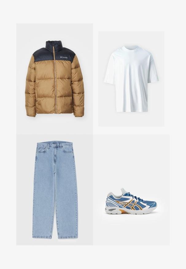 Veste matelassée avec un corps beige et une section supérieure noire. Elle présente un col haut, une fermeture éclair à l'avant et un design matelassé avec des coutures visibles.; T-shirt blanc à manches courtes en coton doux. Il présente un col rond, une coupe décontractée et une texture lisse. Aucun motif ni accent visible.; Jean en denim bleu clair avec une coupe droite, présentant une taille mi-haute, cinq poches, et une fermeture à bouton et à fermeture éclair.; Chaussure de sport bleue avec tige en mesh, accents blancs et orange, semelle intermédiaire rembourrée et semelle extérieure en caoutchouc texturé. Dispose d'un design à lacets.