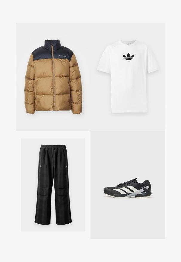 Puffer jacket with a tan body and black upper section. Features a high collar, front zipper, and quilted design with visible stitching.; White cotton T-shirt featuring a black Adidas logo at the center. Short sleeves and a crew neck design. Smooth texture.; Black plaid pants featuring an elastic waistband, two front pockets, and a loose fit with a straight leg design. Made from lightweight material.; Black athletic shoe with white stripes, mesh upper, rounded toe, and cushioned sole. Features a textured heel and secure lacing system.