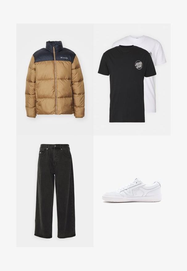 Giacca a vento con un corpo color sabbia e una parte superiore nera. Presenta un colletto alto, una zip frontale e un design trapuntato con cuciture visibili.; Confezione di due t-shirt: una nera e una bianca. Entrambe hanno maniche corte e un logo circolare sul petto in un colore a contrasto. Materiale in cotone.; Obey Clothing BIGWIG BAGGY - Jeans baggy - black; Sneaker in pelle bianca con design low-top, punta tonda, dettagli perforati e suola testurizzata. Presenta lacci e sottili accenti di cucitura.