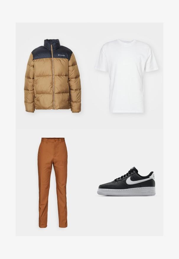 Veste matelassée avec un corps beige et une section supérieure noire. Elle présente un col haut, une fermeture éclair à l'avant et un design matelassé avec des coutures visibles.; T-shirt en coton blanc à manches courtes, encolure ronde et texture lisse. Design simple sans motifs ni graphiques.; Pantalons en coton marron avec une coupe droite, dotés d'une fermeture à bouton et de poches latérales. Texture lisse avec une couleur uniforme.; Baskets en cuir noir avec surface texturée, swoosh Nike blanc, semelle grise, bout rond et design à lacets. Comprend des perforations sur la boîte à orteils.