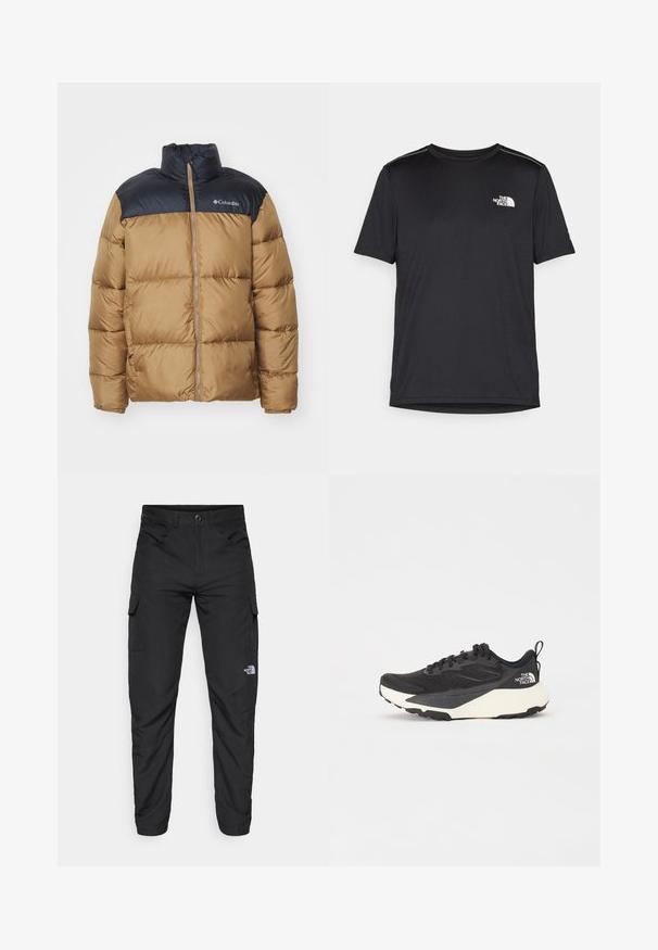 Télikabát bézs testtel és fekete felső résszel. Magas gallérral, elülső cipzárral és látható varrással rendelkező tűzött dizájnnal rendelkezik.; Fekete, rövid ujjú póló, könnyű anyagból készült. Bal mellen egy kis fehér logó található, és finom vállrész kiemelések.; The North Face HORIZON PANT - Szabadtéri nadrágok - black; Fekete sportcipő texturált hálós felső résszel, egységes fekete kiegészítőkkel és fehér könnyített talppal. Fűzős záródással és húzóhurokkal rendelkezik.