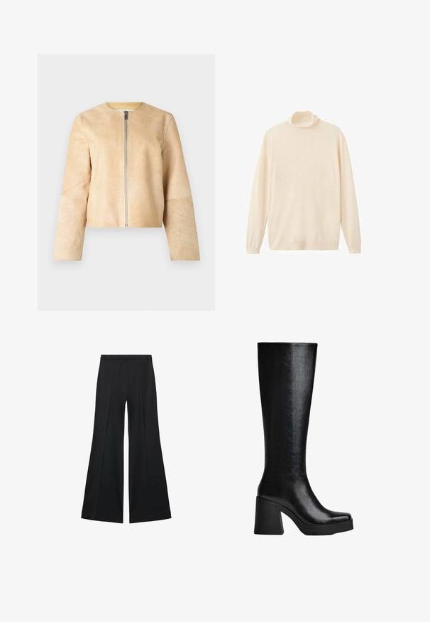 Béžová kožená bunda s okrúhlym výstrihom a strieborným zipsom. HladkáTextúra, dlhé rukávy a skrátený strih.; Krémový rolák vyrobený z jemnej, ľahkej tkaniny; má dlhé rukávy a voľný strih.; Čierne široké nohavice s hladkou textúrou, s prednými záhybmi a elegantným strihom. Materiál je ľahký a pruhlý.; Čierne vysoké čižmy po kolená vyrobené z textúrovaného syntetického materiálu, s hranatou špičkou, robustným vysokým podpätkom a hladkým, elegantným povrchom.