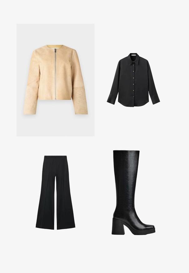 Bež kožna jakna s okruglim dekolteom i srebrnim zatvaračem. Glatka tekstura, duži rukavi i skraćeni dizajn.; Crna košulja dugih rukava od glatkog materijala, s klasičnim ovratnikom, prednjim kopčanjem na dugmad u boji zlatne i širokim manžetnama.; Crne široke hlače s glatkom teksturom, koje imaju prednje nabore i kroj po mjeri. Tkanina je lagana i lepršava.; Crna čizma do koljena izrađena od teksturiranog sintetičkog materijala, s četvrtastim vrhom, debelim visokim potplatom i glatkom, sjajnom površinom.