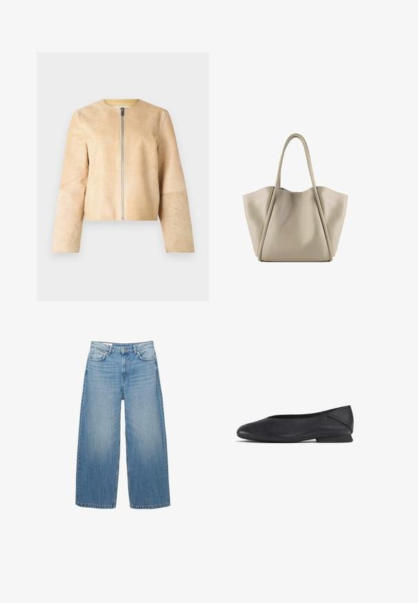 Beige læderjakke med rund halsudskæring og sølv lynlås. Glat tekstur, lange ærmer og cropped design.; Sort og hvid stribet langærmet skjorte med rund halsudskæring. Blødt stof, afslappet pasform og kontrasterende halsudskæringsdetaljer.; Lys blå brede jeans lavet af denim, med et klassisk fem-lomme design og en knaplukning. Har en falmet struktur over det hele.; Sorte læder flade sko med rund tå og lav hæl, designet til både casual og formelt brug.; Beige læder tote bag med en rummelig, struktureret design. Har to lange håndtag og subtile syninger; ingen synlig hardware.
