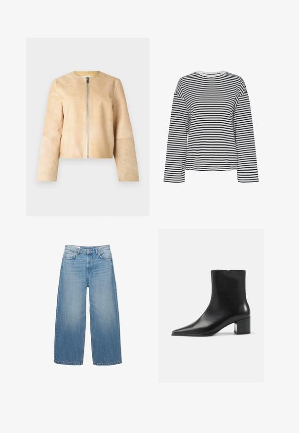 Beige nahkaliivi pyöreällä kaula-aukolla ja hopealla vetoketjulla. Silkkinen pinta, pitkät hihat ja lyhyt malli.; Musta-valkoiset raidalliset pitkähihainen paita, jossa on pyöreä pääntie. Pehmeä kangas, rento istuvuus ja kontrastivärit pääntien korostuksissa.; Vaaleansinisiä leveälahkeisia farkkuja, joissa on klassinen viisipesäinenn tyyli ja nappikiinnitys. Haalistunut pinta kauttaaltaan.; Musta nahkainen nilkkabotti, jossa on terävä kärki, sileä pinta ja keskikokoinen tukijalka. Minimalistinen muotoilu, vetoketjusuljin takana.