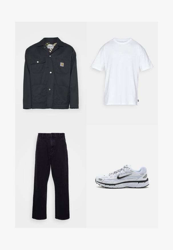 Crna radna jakna izrađena od izdržljivog materijala. Ima dvije džepove na prsima, dva prednja džepa i kamuflažni podstavu. Vidljivi su srebrni snap dugmići.; Bijela pamučna majica s kratkim rukavima i okruglim izrezom. Ima mali, diskretni Nike logo na prsima i oznaku sa strane.; Crne traperice sa ravnim krojem, s gumbom i patentnim zatvaračem, petljama za pojas i minimalnim detaljima šivanja.; Bijele tenisice za trčanje s mrežastim gornjim dijelom, zaobljenim vrhom, crnim akcentima i uzorkovanim potplatom. Sadrže vezivanje i markiranje sa strane.