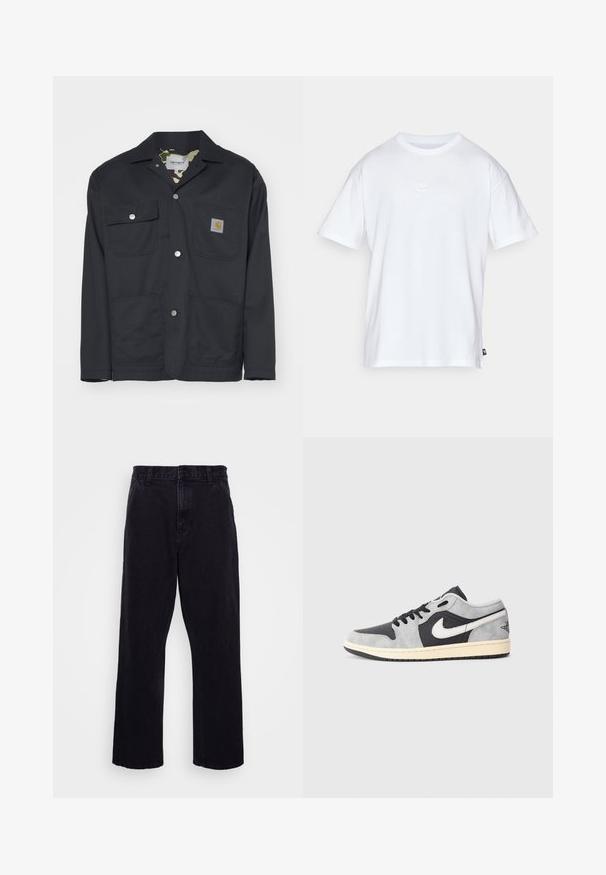 Svart arbetsjacka i slitstarkt material. Har två bröstfickor, två framfickor och en kamouflagemönstrad foder. Silverfärgade tryckknappar synliga.; Vit bomull t-shirt med korta ärmar och rund hals. Har en liten, diskret Nike-logotyp på bröstet och en sidetikett.; Svarta denimbyxor med rak ben-design, med knapp- och dragkedjestängning, bältesöglor och minimala sömdetaljer.; Nike Air Jordan 1 Low i grå och svart mocka med vita detaljer. Har en vadderad sula och den klassiska Nike swoosh-logotypen.