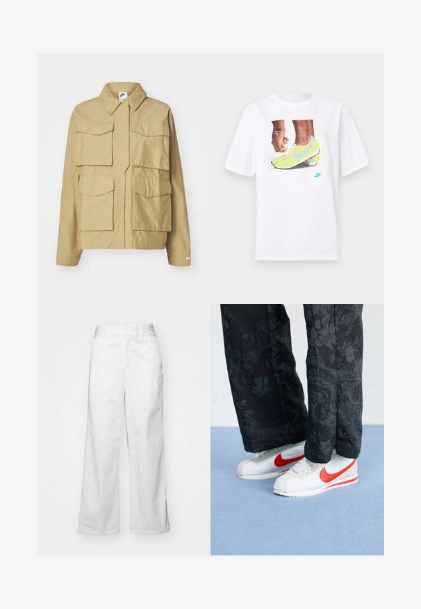 Beige, kerge jakk klassikalise kraega, mitme rinnataskuga ja pikkade varrukatega. Vasakul varrukal on Nike'i logo.; Valge puuvillane T-särk, millel on kollaste Nike jalatsite ja siniste aktsentidega jalgade graafika, kombineeritud vasakul randmel oleva käevõruga.; Valged laiad püksid, mis on valmistatud puuvillast, omavad siledat tekstuuri, sirget lõiget, eesmine taskud ja puhtad äärised.; Valged Nike tennisjalanõud punaste akentidega, kombineeritud mustade püksidega, millel on lilleline muster. Tekstuur on sile ja tallal on lame punutis.