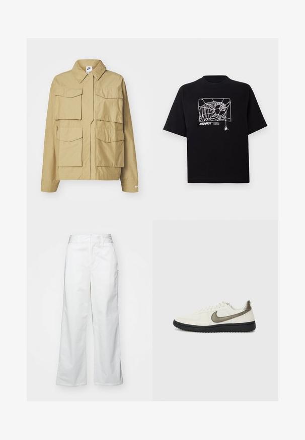 Beige, lightweight jacket with a classic collar, multiple chest pockets, and long sleeves. Features Nike logo on the left sleeve.; Black T-shirt made of cotton with short sleeves. Features a white spider web graphic and logo on the front. Simple rounded neckline.; White wide-leg trousers made from cotton, featuring a smooth texture, straight fit, front pockets, and a clean hem.; Nike Sportswear FIELD GENERAL - Trainers - off-white/black