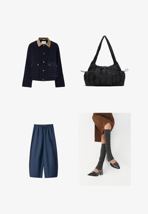 Marinblå quiltad jacka med en beige manchesterkrage, två framfickor och guldtryckknappar. Har en texturerad tyg och en avslappnad passform.; Vit oversized t-shirt i mjuk bomull. Har korta ärmar, rund halsringning och en avslappnad passform utan synliga mönster eller accenter.; Mörkblå shorts av ett smidigt tyg, med elastisk midja och snörning samt två sidfickor. Avslappnad passform, knä-lång design.; Svarta lackläderskor med spetsig tå, blockklack och ankelrem, i kombination med grå ribbade benvärmare och en brun mockakjol.; Svart tyghandväska med rynkad textur, två axelremmar och dragsko stängning på sidorna. Slätt, lätt material.