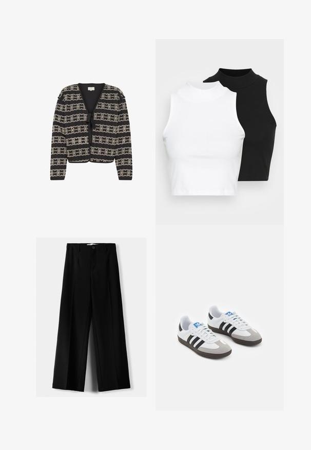 Cardigan negru cu design scurt, cu modele florale brodate crem, închidere cu legătură și mâneci lungi. Fabricat dintr-un material texturat.; Două bluze fără mâneci, cu guler înalt, în culorile negru și alb, având un design ajustat și o textură netedă, cu o lungime scurtă.; Pantaloni negri cu picior larg, fabricați dintr-un material ușor, cu închidere frontală cu nasture și față plată, având tivuri cusute cu atenție.; Încălțăminte sport cu un superior din piele albă, vârf din suede gri și trei dungi negre. Prezintă un logo albastru pe limbă și o talpă din cauciuc texturat.