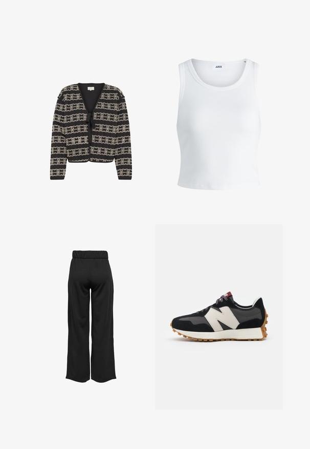 Fekete kardigán rövidített fazonnal, krémszínű hímzett virágmintákkal, megkötős záródással és hosszú ujjakkal. Texturált anyagból készült.; Fehér bordás ujjatlan top, kerek nyakkivágással és rövid hosszal. A címke szerint "JJXX". Sima szövettextúra.; Fekete, bővülő szárú nadrág, elasztikus derékkal, sima anyagból készült. Tiszta dizájn jellemzi, zsebek és látható varrási részletek nélkül.; Fekete és szürke velúr sportcipő nagy krémszínű "N" logóval, lila fűzőkkel és texturált gumi talppal.