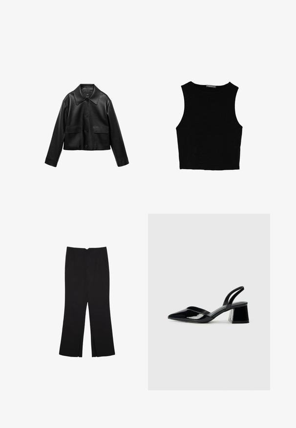Mango Veste en similicuir - black; Top court sans manches noir en tissu lisse, avec un col rond et un design épuré, simple, sans motifs ni accessoires.; Pantalon noir avec une coupe droite, doté de poches avant et d'éclairs sur l'ourlet. Fabriqué en tissu doux et lisse. Convient à diverses occasions.; Escarpins en cuir verni noir avec bout pointu et talon bloc géométrique. Présente un design élégant et minimaliste ainsi qu'une texture lisse.