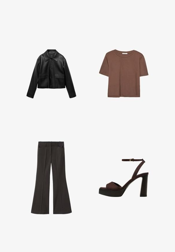 Mango Veste en similicuir - black; T-shirt marron à manches courtes en tissu doux, avec un col rond et une coupe décontractée. Aucun motif ni accent visible.; Pantalons évasés noirs à taille haute ; dotés de deux poches avant et d'une texture de tissu lisse. Adaptés à diverses occasions.; Sandale à talons hauts en suede marron avec un bout ouvert, une bride de cheville réglable et une semelle de plateforme rayée.
