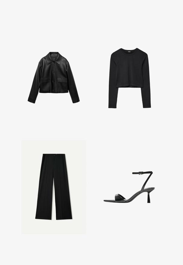 Mango SABINA czarny; Czarny krótki top z długim rękawem, okrągłym dekoltem, gładkim wzorem i lekko zaokrąglonym dołem.; Bershka WIDE czarny; Bershka - Sandały na obcasie