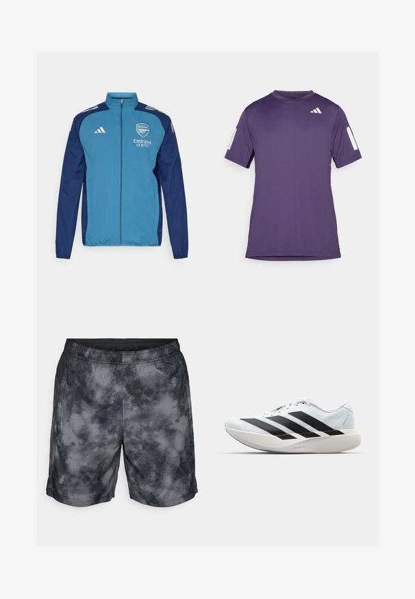 Kék és sötétkék cipzáras dzseki, amelyen az Arsenal logó, az "Emirates" felirat és fehér Adidas csíkok találhatók a vállakon. Sima textúra, sportos fazon.; Lila sportos, rövid ujjú póló, sima anyagból készült, fehér kiegészítőkkel az ujjakon és a mellrészen, kerek nyakkivágással és laza szabással.; Szürke és fekete sportnadrág felhőmintával, rugalmas derékpánttal és oldalsó zsebekkel. Az anyag vékony és lélegzőnek tűnik.; Világoskék, fekete csíkos könnyű futószerek. Simább felső résszel, kerek orral és vastag fehér középtalppal, amelyen a "LIGHTSTRIKE PRO" felirat olvasható.