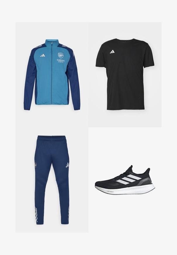 Blauwe en marineblauwe zip-up jas met het Arsenal-logo, "Emirates" branding en witte Adidas-strepen op de schouders. Glad materiaal, sportieve pasvorm.; Zwart sport T-shirt gemaakt van lichtgewicht stof, met korte mouwen en een ronde hals. Witte Adidas-logo op de bovenste linkerzijde.; Marineblauwe sportbroeken met een elastische tailleband, een taps toelopend ontwerp, een zilveren logo op de bovenbeen en kenmerkende drie-stripes details op het onderbeen.; Zwarte hardloopschoen met een witte drie-strepen ontwerp. Ademend mesh bovenwerk, gewatteerde witte zool met de tekst "LIGHT BOOST" en minimalistische accenten.