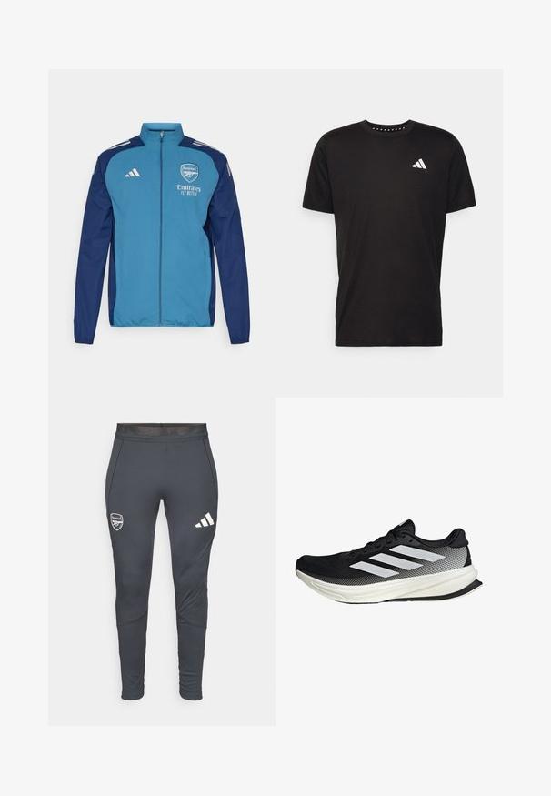 Niebieska i granatowa kurtka zapinana na zamek z logo Arsenalu, brandingiem "Emirates" oraz białymi paskami Adidas na ramionach. Gładka tekstura, sportowy krój.; Czarna bawełniana koszulka z krótkim rękawem, okrągłym dekoltem i białym logo na lewej piersi. Gładka tekstura i prosty design.; Ciemnoszare spodnie sportowe o dopasowanym kroju, z białymi paskami Adidas i logo Arsenalu na lewej górnej udzie. Gładka tekstura.; Czarny but sportowy z siateczkowym wzorem, z białymi paskami, zaokrąglonym noskiem i teksturowaną podeszwą dla lepszej przyczepności i wsparcia.