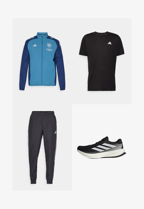 Modrá a námornícka zipsová bunda s logom Arsenalu, brandingom "Emirates" a bielymi pruhmi Adidas na ramenách. Hladká textura, športový strih.; Čierne bavlnené tričko s krátkymi rukávmi, klasickým výstrihom a bielym logom na ľavej strane hrude. Hladká textúra a jednoduchý dizajn.; Čierne športové nohavice s elastickým pásom, s bielymi pruhmi po bokoch a malým logom na boku. Hladká textúra.; Čierna atletická topánka s dizajnom z mriežky, s bielymi prúžkami, zaoblenou špičkou a textúrovanou podrážkou pre lepšiu priľnavosť a podporu.