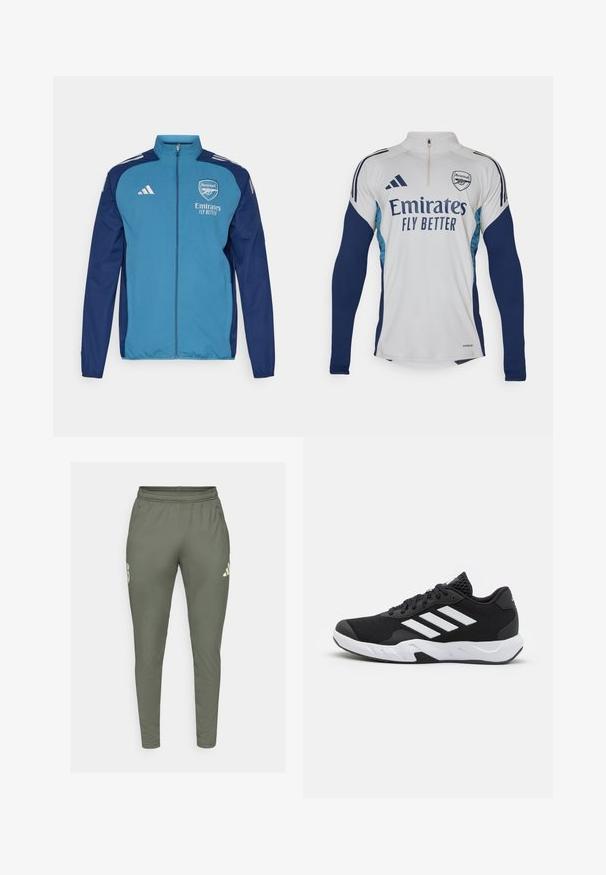 Giacca blu e navy con zip, caratterizzata dal logo dell'Arsenal, branding "Emirates" e strisce bianche Adidas sulle spalle. Tessuto morbido, taglio atletico.; Maglia a maniche lunghe bianca con accenti blu navy, colletto a mezza zip, con il logo "Emirates Fly Better" e il simbolo del club Arsenal.; Pantaloni da jogging verde oliva con una vestibilità slim, vita elasticizzata e tasche laterali. Presentano un logo sulla coscia sinistra e dettagli a contrasto.; Scarpe da ginnastica nere con una tomaia in mesh texturizzata, strisce bianche di accento, suola imbottita e tallone rinforzato per supporto.