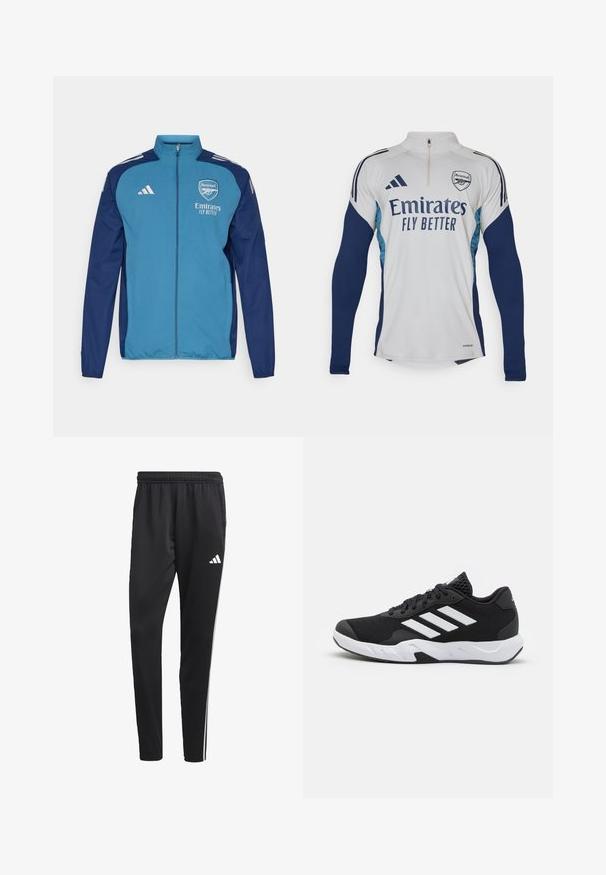 Kék és sötétkék cipzáras dzseki, amelyen az Arsenal logó, az "Emirates" felirat és fehér Adidas csíkok találhatók a vállakon. Sima textúra, sportos fazon.; Fehér, hosszúujjú póló sötétkék részletekkel, fél cipzáros nyakkal, az "Emirates Fly Better" logóval és az Arsenal klub címkéjével.; Fekete sportnadrág rugalmas derékkal, fehér oldalsávokkal és egy kis fehér logóval a combon. Simaságáért és könnyű anyagáért kedvelt.; Fekete sportcipők, textúrált hálós felsőrésszel, fehér díszcsíkokkal, párnázott talppal és megerősített sarokkal a stabilitás érdekében.