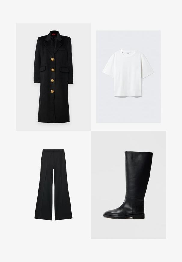 Cras REBECCA COAT - Klasičan kaput - black; Bijela majica kratkih rukava od mekanog pamuka, s okruglim izrezom i opuštenim krojem sa ravnim rubom, jednostavna bez uzoraka ili grafika.; Crne široke hlače s glatkom teksturom, koje imaju prednje nabore i kroj po mjeri. Tkanina je lagana i lepršava.; Crne kožne čizme do koljena s zaobljenim vrhom, glatkom teksturom, minimalističkim dizajnom i ravnim đonom. Jednostavni šavovi na vertikalnom dijelu.