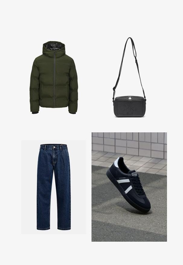 Doudoune verte avec capuche, fermeture éclair à l'avant, poignets côtelés et texture matelassée. Elle présente une doublure noire brillante et une isolation légère.; T-shirt en coton crème à manches courtes et col rond. Présente un imprimé graphique en bleu et rouge avec du texte et un motif.; Jean en denim bleu foncé avec une coupe droite. Présente des coutures visibles, une fermeture par bouton et des plis à l'avant pour un détail supplémentaire.; Sneaker en cuir noir avec des rayures blanches, semelle en caoutchouc texturée et devant à lacets. Présente une étiquette de marque sur la languette.; Sac bandoulière en cuir noir avec une fermeture éclair, logo embossé à l'avant et une sangle réglable. Texture lisse avec une forme rectangulaire.