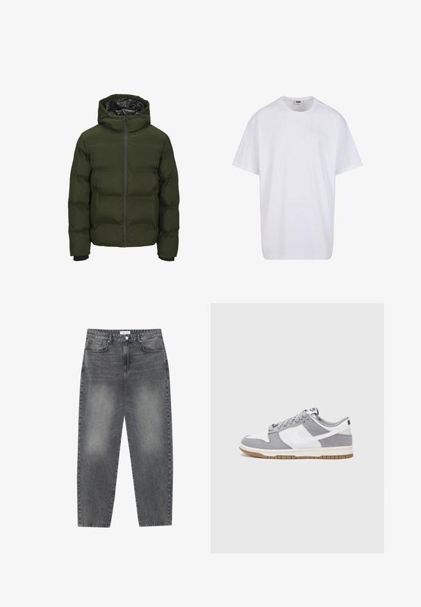 Vihreä puffatakkia, jossa on huppu, vetoketju edessä, ribatunnistetut hihansuut ja tikattu pinta. Omistaa kiiltävän mustan vuoren ja kevyen eristyksen.; Valkoinen puuvillainen t-paita, jossa on lyhyet hihat, pyöreä kaula-aukko, rento istuvuus ja ei näkyviä logoja tai kuvioita. Sileä pinta ja minimaalinen muotoilu.; Korkeavyötäröiset, väljät farkut haalistuneesta mustasta denimestä. Ominaisuuksiin kuuluu viisi taskua, vyölenkit ja siisti, suora lahjetyyli.; Harmaa ja valkoinen lenkkari, jossa on mokka- ja nahkapinta, pyöreä kärki, litteät nauhat ja kumipohja, jossa on vaahtomuoviväri.