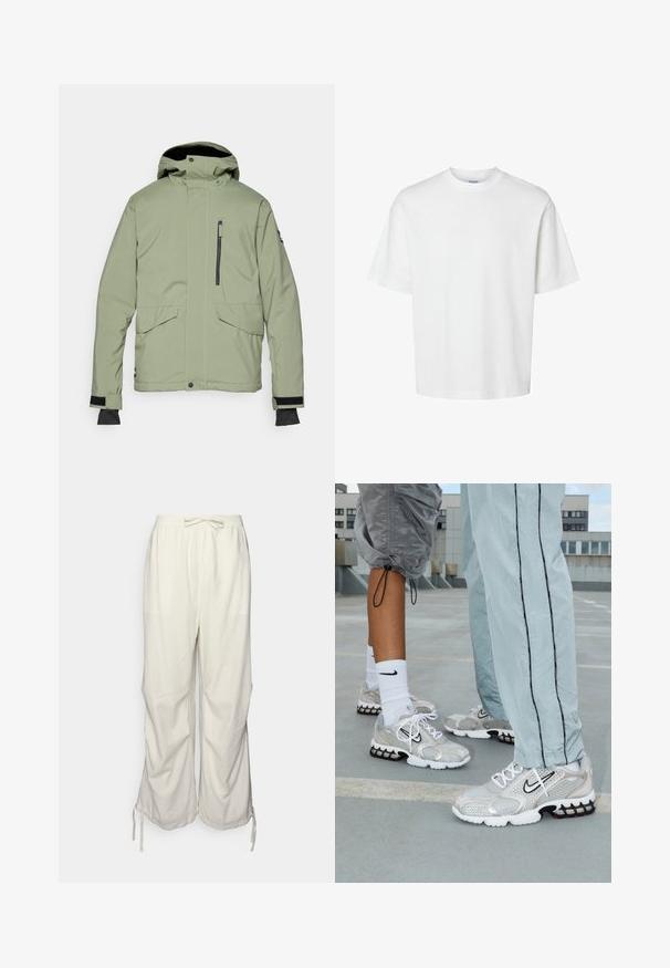 Light green, waterproof jacket with a hood, featuring a zippered chest pocket and two front flapped pockets. Soft-touch, textured fabric.; White cotton t-shirt with short sleeves, crew neckline, and a relaxed fit. Smooth texture with no visible patterns or accents.; Linen blend trousers in off-white with an elastic waistband, drawstring, and side slits at the hem for adjustable fit.; Nike athletic shoes in a silver mesh material, featuring white laces, a black swoosh logo, and a black and red air cushioning sole.