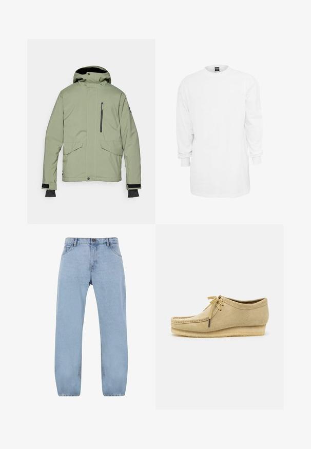 Heleda roheline, veekindel jakk kapuutsiga, millel on lukuga rinna(tasku) ja kaks ettepoole klappidega taskut. Pehme, tekstureeritud kangas.; Pikkade varrukatega valge puuvillane t-särk ümmarguse kaelusega, laia lõikega ja soonikute otstega. Üksildane disain, ilma graafika või mustriteta.; Heledad sinine teksapüksid sirge lõikega, nelja tasku, lukuga ja kullakarva õmblustega.; Bež nubukist kingad, millel on paelad, õmblustega detailid ja kummist tald. Kujundus on lihtne, kergelt kallakuga kannaga.