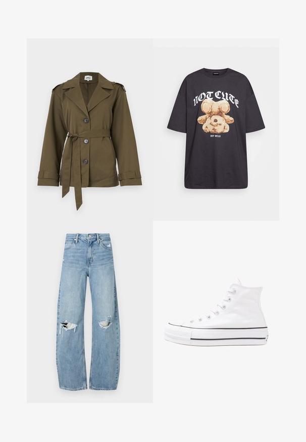 Oliivinvihreä takki, jossa on kauluskot, vyötärönauha ja neljä nappia edessä. Ominaisuuksiin kuuluu pitkät hihat, joissa on käännettävät hihansuut ja olkakilvet.; Mustat ylisuurent-paidat, joissa on karhun grafiikka ja teksti "EI SULOINEN VAAN VILLI" rohkealla valkoisella fontilla. Puuvillamateriaali.; Vaaleansiniset, korkeavyötäröiset farkut, jotka on valmistettu denimmateriaalista. Ominaisuuksiin kuuluvat leveät lahkeet, kaksi revittyä polvialuetta ja klassinen viiden taskun tyyli.; Valkoiset korkeavartiset kangaskengät mustalla kumipohjalla, edessä kuminen varvasosa ja kuusi nauha-aukkoa, puhtaan minimalistisella muotoilulla.