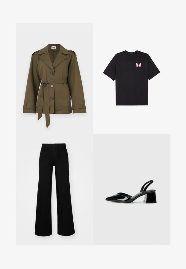 Olivno zelena jakna z ovratnikom, z pasom in štirimi sprednjimi gumbi. Ima dolge rokave z zavihanimi manšetami in epoletami na rami.; Črna bombažna majica s kratkimi rokavi, ki ima majhen roza metuljček na levi strani prsnega dela. Majica s krožnim ovratnikom in sproščenim krojem.; Črne široke denim hlače s strukturiranim pasom, z zankami za pas in sprednjimi žepi. Gladka tekstura s klasičnim dizajnom.; Črne lakirane slingback pete s koničastim nosom in geometrijsko blokasto peto. Imajo eleganten, minimalističen dizajn in gladko teksturo.