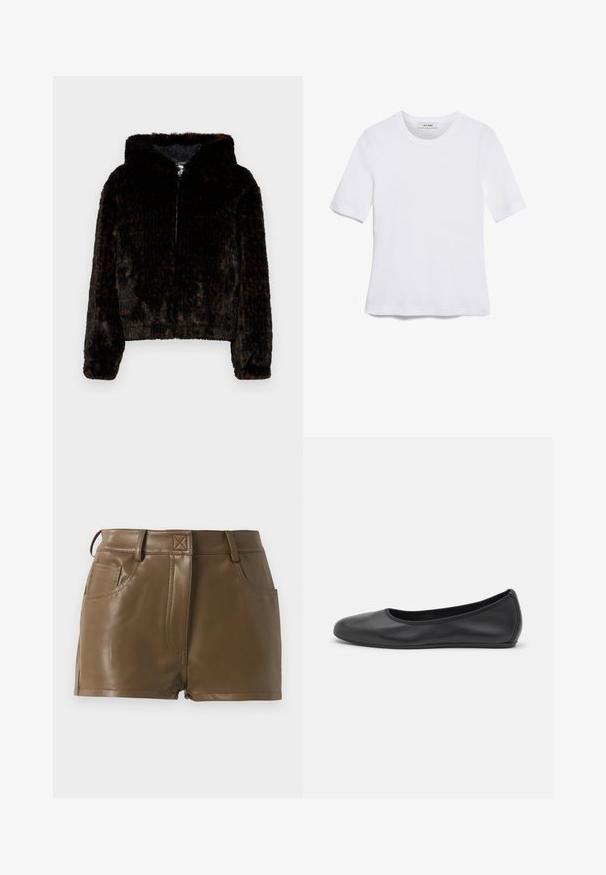 Crna i smeđa umjetna krzna jakna s kapuljačom, zatvaranjem na patentni zatvarač i skraćenim dizajnom. Ima meku teksturu i suptilan uzorak leopard printa.; Bijela majica s kratkim rukavima izrađena od rebraste tkanine. Okrugli izrez, klasičan kroj i suptilni detalji šivanja. Bez uzoraka ili grafika.; Smeđe kratke hlače od umjetne kože s pripijenim dizajnom, elastičnim pojasom s petljicama za remen, prednjim džepovima i vidljivim šavovima.; Crne kožne baletanke s zaobljenim vrhom, glatke teksture, minimalnim detaljima šavova i fleksibilnim dizajnom potplata.