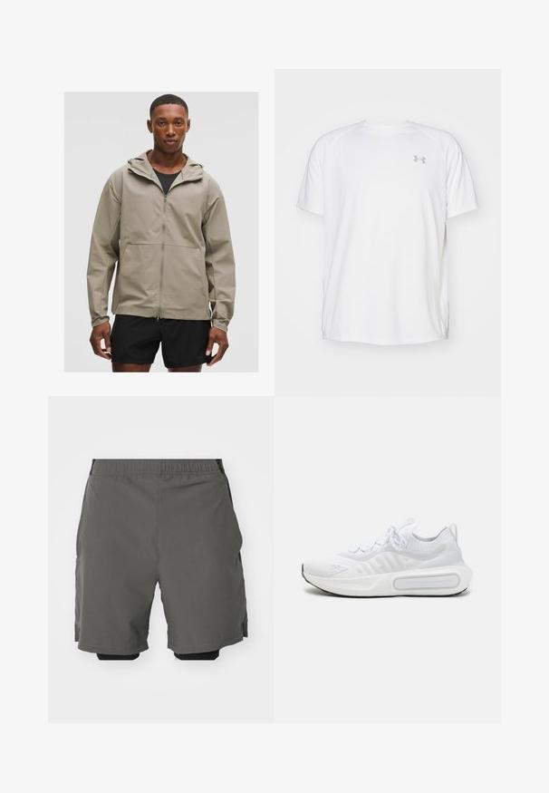 Gaišs beidzis zipa jakas ar kapuci, kas izceļas ar gludu tekstūru un regulējamiem aprocēm. Valkāts virs melna topa, kombinēts ar melnām biksēm.; Baltas īsajiem piedurknēm sporta krekls, izgatavots no gludas auduma. Tam ir apaļa kakla izgriezums un pelēks logo uz kreisās krūtis, kā arī sānu šķēlumi apakšmalā.; Pelēki sporta šorti ar gludu, vieglu audumu un elastīgu jostasvietu, kurām ir iekšējas kompresijas šorti un sānu kabatas.; Balti sporta apavi ar teksturētu adītu augšdaļu, saites slēgšanu, mīkstu zoli un izteiksmīgu zīmola detaļu sānos.