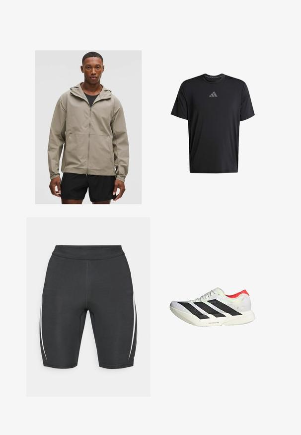Svjetložuta zip jakna s kapuljačom, koja ima glatku teksturu i podesive manžete. Nosena preko crnog topa, u kombinaciji s crnim šortsevima.; Crna kratkotrajna sportska majica s kratkim rukavima izrađena od lagane tkanine, s okruglim izrezom i sivim Adidas logotipom na prsima.; Crne sportske kratke hlače s bijelim bočnim prugama, napravljene od rastezljivog materijala, s visokim strukom i prilagođenim dizajnom za udobnost.; Bijela atletska cipela s crnim dijagonalnim prugama, crvenim naglascima na peti i teksturiranim gornjim dijelom; sadrži LIGHTSTRIKE PRO amortizaciju.