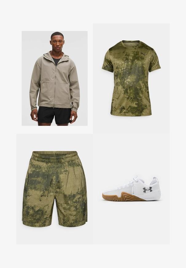 Svjetložuta zip jakna s kapuljačom, koja ima glatku teksturu i podesive manžete. Nosena preko crnog topa, u kombinaciji s crnim šortsevima.; Majica kratkih rukava za sport u maslinasto zelenoj boji s teksturiranim, uzorkovanim završetkom. Sadrži mali crni logo na gornjem lijevom dijelu prsnog koša.; Šorc s kamuflažnim uzorkom u nijansama zelene, izrađen od lagane tkanine s elastičnom gumom u struku i opuštenim krojem.; Bijele atletske tenisice s gornjim dijelom od mrežice, gumenim potplatom u boji gume, teksturiranim akcentima i crnim logotipom sa strane.