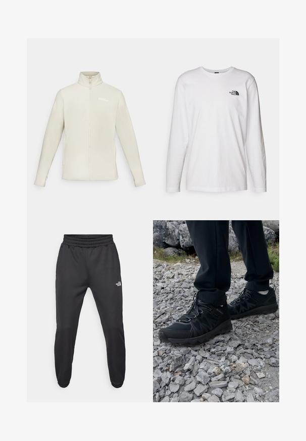 Vaikuttava vaaleanbeige fleece-takki, jossa on korkea kaulus, täysi vetoketju, pitkät hihat ja pieni logo vasemmalla ylhäällä.; Valkoinen pitkähihaisen T-paita, joka on valmistettu puuvillasta ja jossa on pyöreä kaula-aukko. Rintamuksessa on pieni musta logo. Sileä kangas, normaali malli.; Mustat collegehousut, joissa on nauhakuomu vyötäröllä, kapeneva fit, elastiset hihansuut ja pieni valkoinen logo vasemmassa reidessä, valmistettu sileästä kankaasta.; Mustat ulkokengät, joissa on verkko- ja synteettinen materiaali, teksturoitu päällinen, varma nauhoitusjärjestelmä ja kestävä pohja kivikkoisella maastolla.