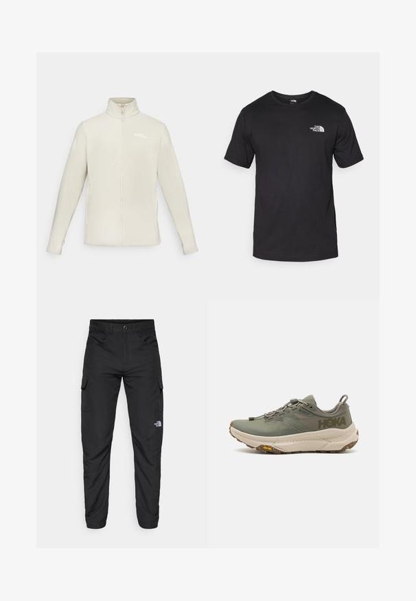 Flis jakna v svetlo bež barvi z visokim ovratnikom, polnim zadrgo, dolgimi rokavi in majhnim logotipom na zgorni levi strani.; Črna kratko sleeved majica iz bombaža, s krožnim izrezom in majhnim belim logotipom na zgornjem levem delu prsnega koša.; The North Face HORIZON PANT - Hlače za na prostem - black; Zeleno Hoka tekaško čevlje z Gore-Tex zgornjim delom, teksturiranimi detajli, elastičnimi vezalkami in debelim bež podplatom, ki vsebuje logotip Vibram.